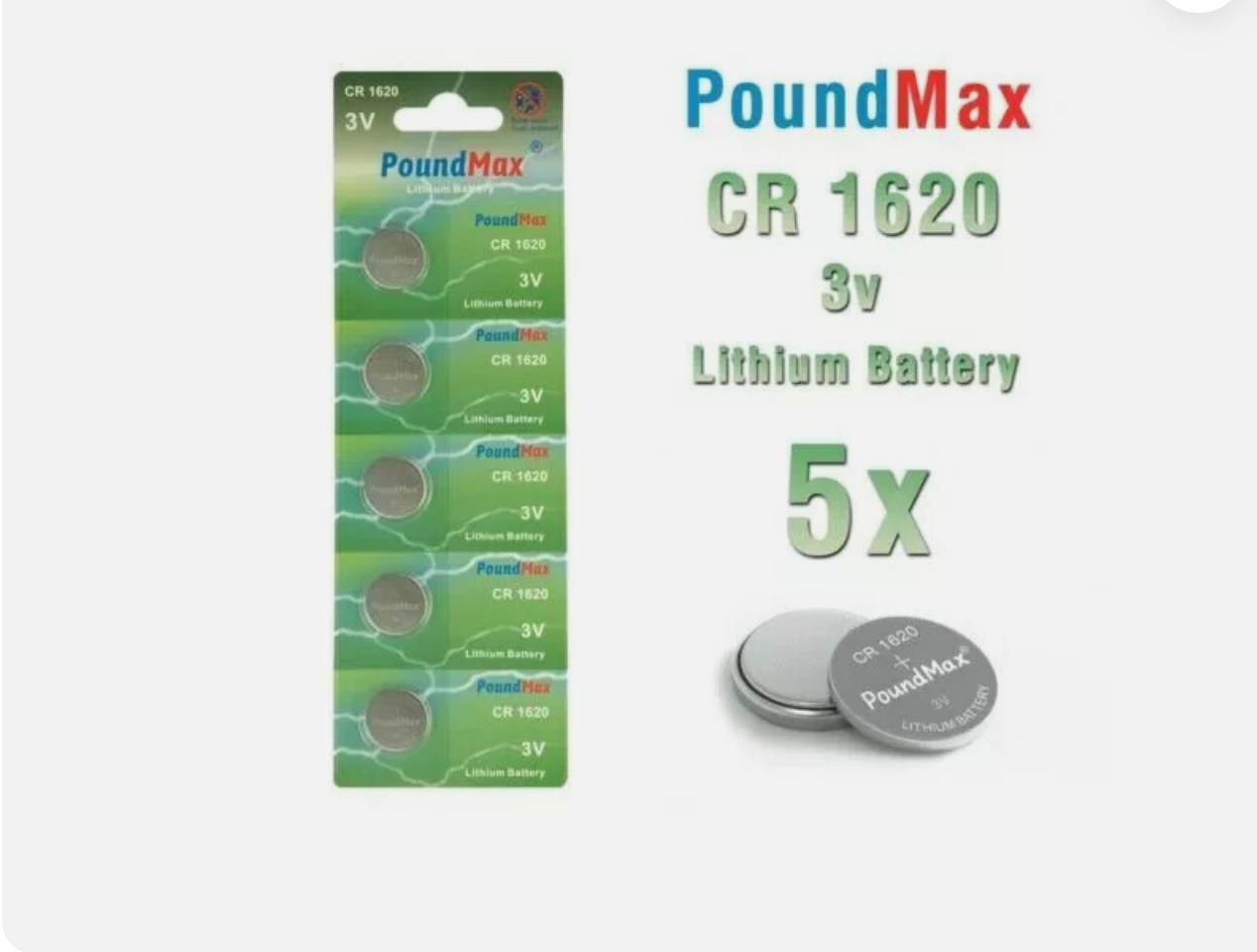 5 X PoundMax CR1620 3V Lithium Coin Cell Batteries